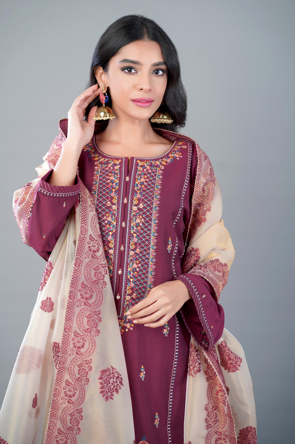 3 Piece Unstitched Embroidered Cotton Silk Suit