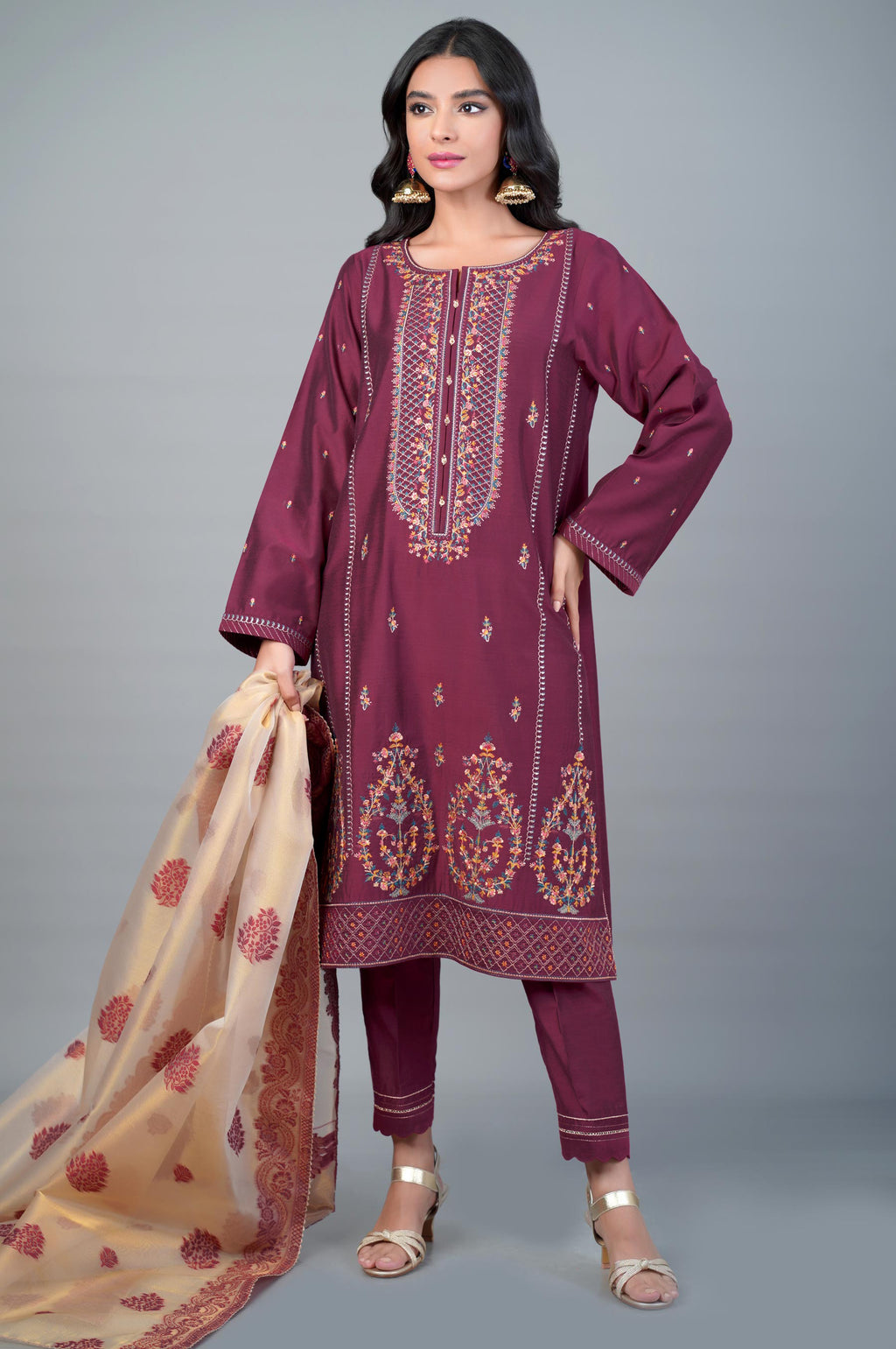 3 Piece Unstitched Embroidered Cotton Silk Suit