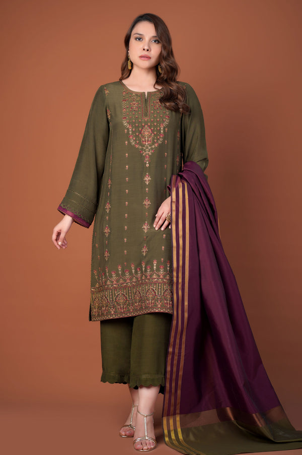 3 Piece Unstitched Embroidered Raw Silk Suit