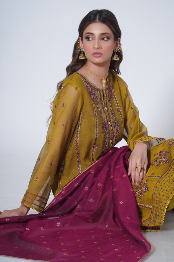 3 Piece Unstitched Embroidered Khadi Net Suit
