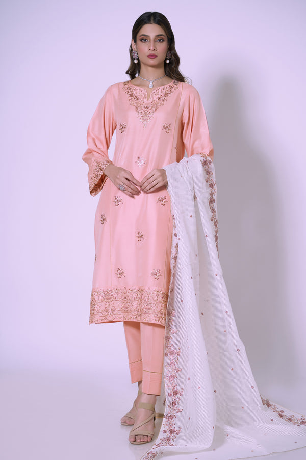 3 Piece Unstitched Embroidered Cotton Silk Suit