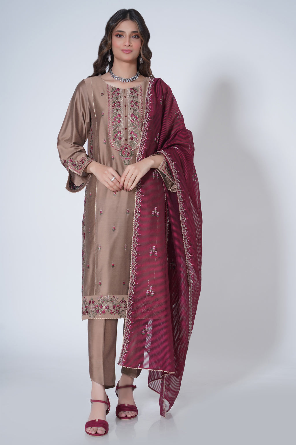 3 Piece Unstitched Embroidered Cotton silk Suit