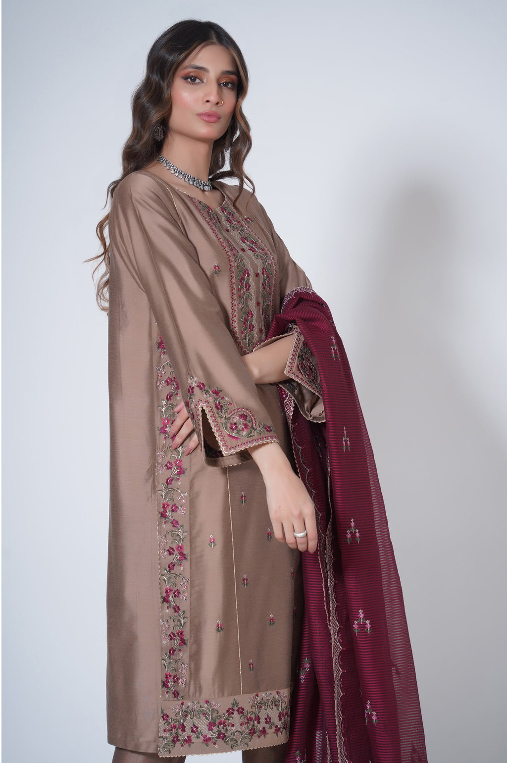3 Piece Unstitched Embroidered Cotton silk Suit