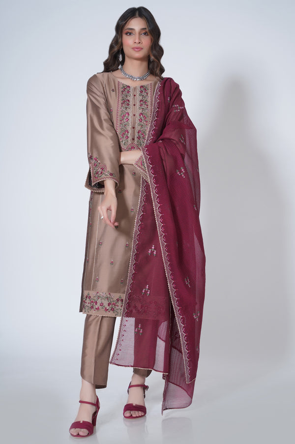 3 Piece Unstitched Embroidered Cotton silk Suit