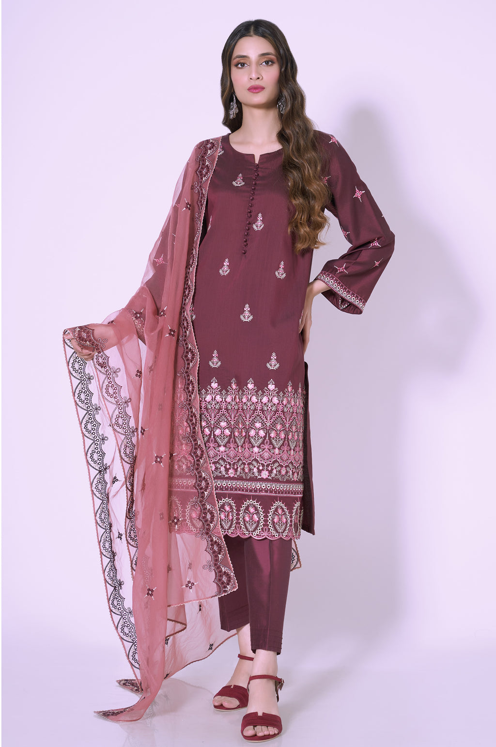 3 Piece Unstitched Embroidered Cotton silk Suit
