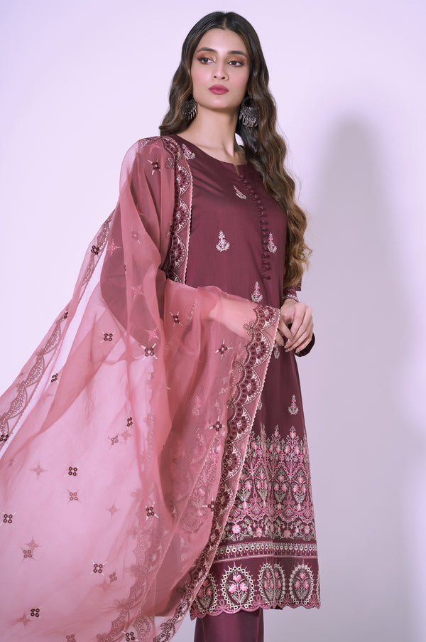 3 Piece Unstitched Embroidered Cotton silk Suit