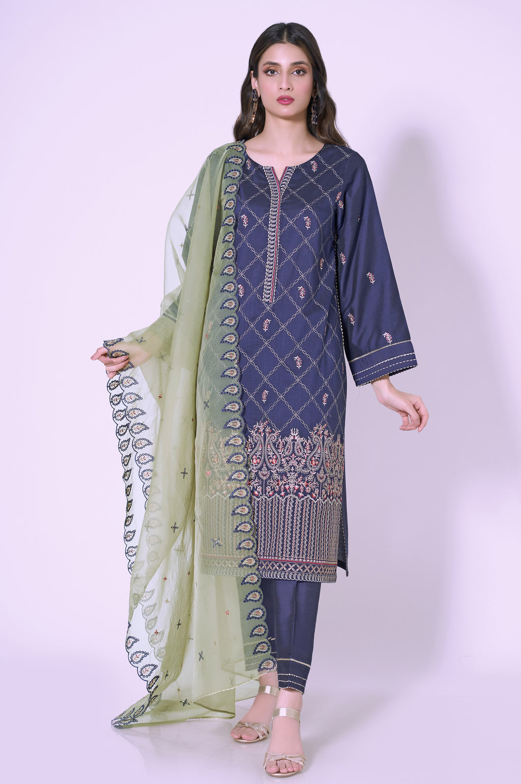 3 Piece Unstitched Embroidered Cotton silk Suit