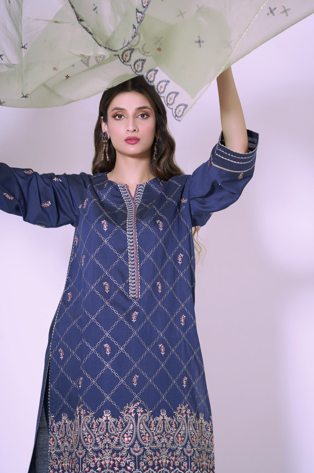 3 Piece Unstitched Embroidered Cotton silk Suit