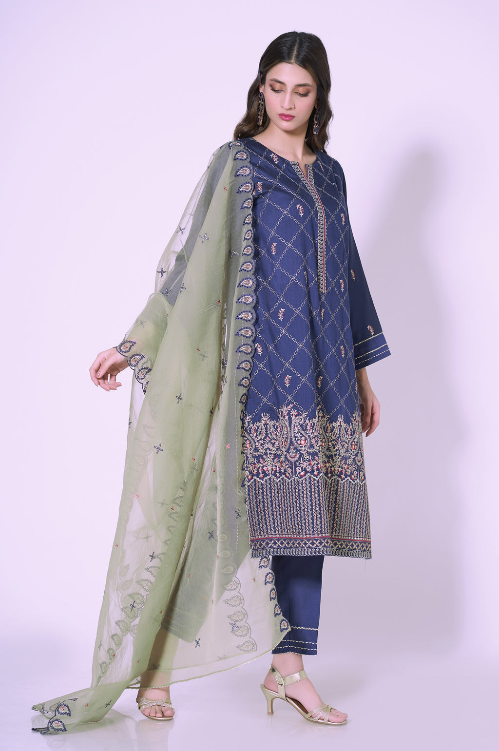 3 Piece Unstitched Embroidered Cotton silk Suit