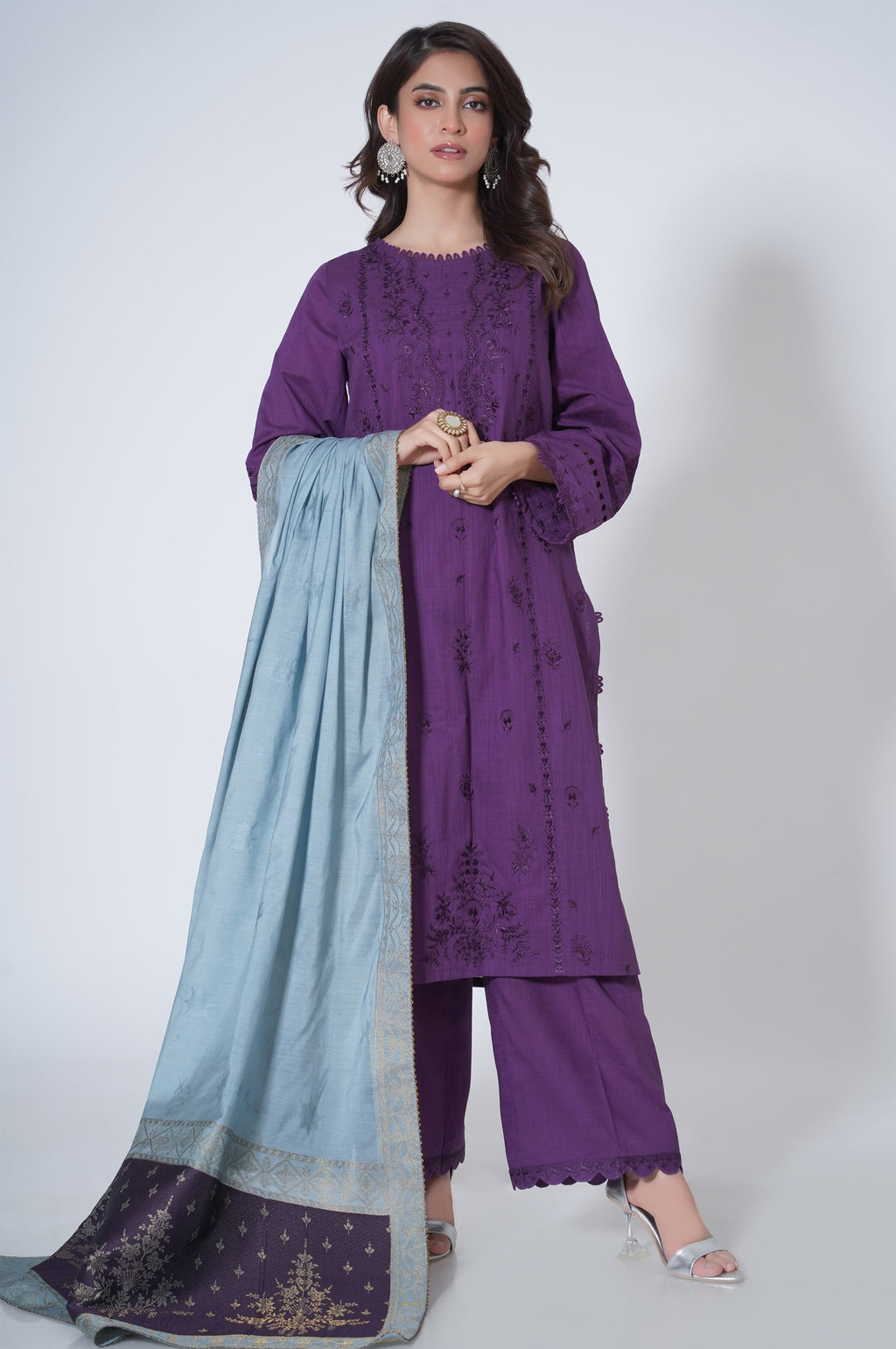 3 Piece Unstitched Embroidered Cotton Slub Suit