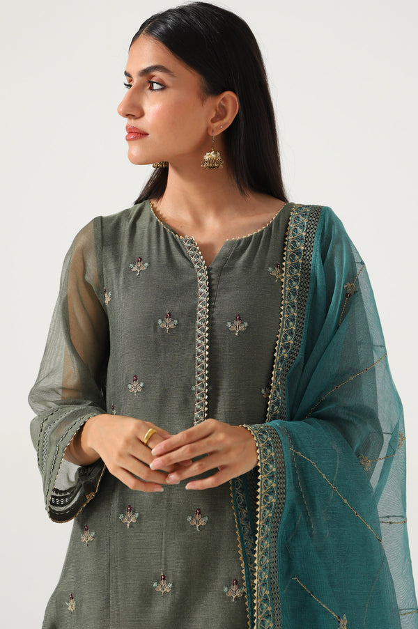 3 piece Unstitched Embroidered Khaddi Net Suit