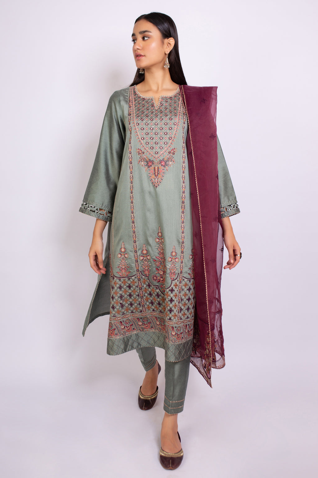 3 Piece Unstitched Embroidered Cotton Silk Suit
