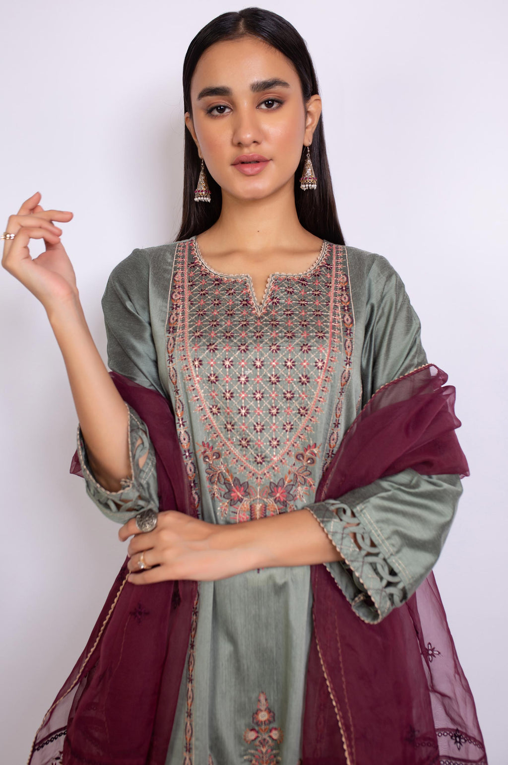 3 Piece Unstitched Embroidered Cotton Silk Suit