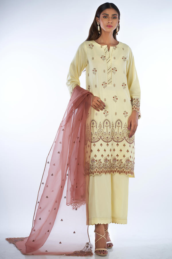 3 Piece Unstitched Embroidered Cotton Silk Suit