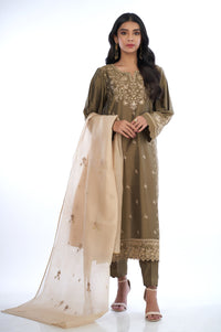 3 Piece Unstitched Embroidered Cotton Silk Suit