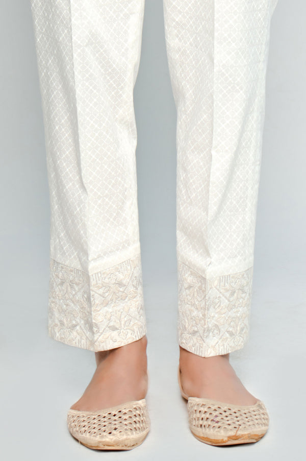 Embroidered Cotton Slub Cigarette Pants - Beige. – Zeenwoman