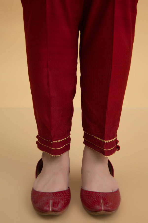 Basic Raw Silk Cigarette Pants - Red