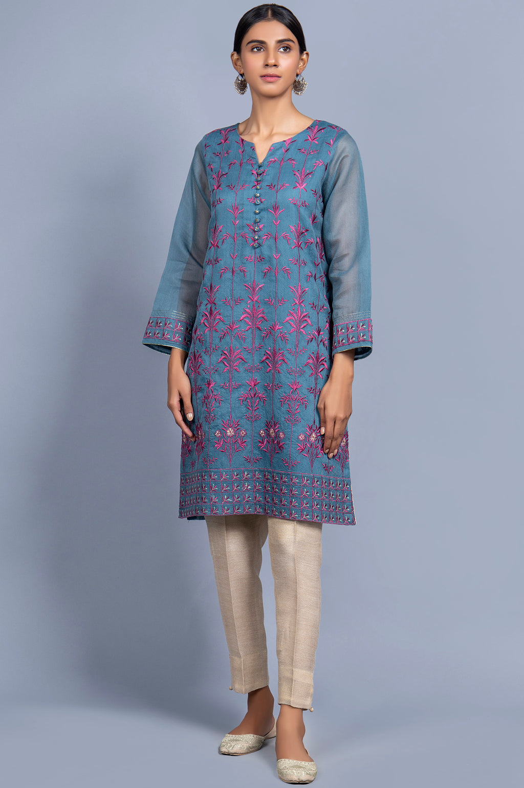 Stitched 1 Piece Organza Striped Embroidered Shirt