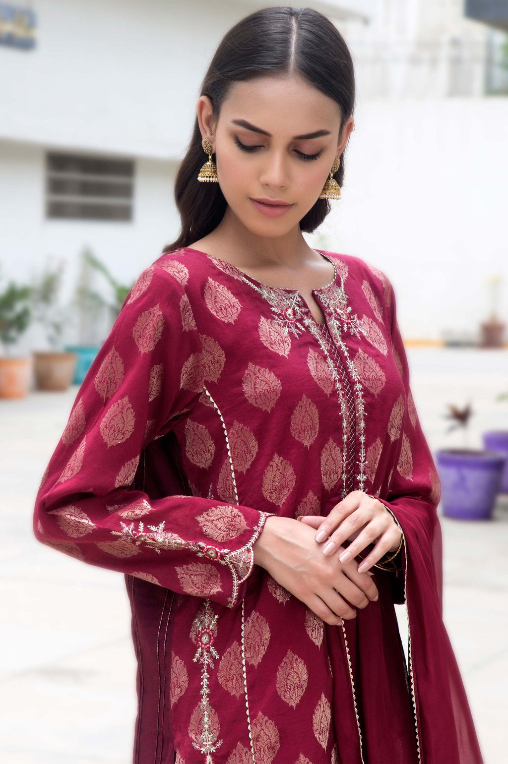 Stitched 2 Piece Jacquard Embroidered Suit
