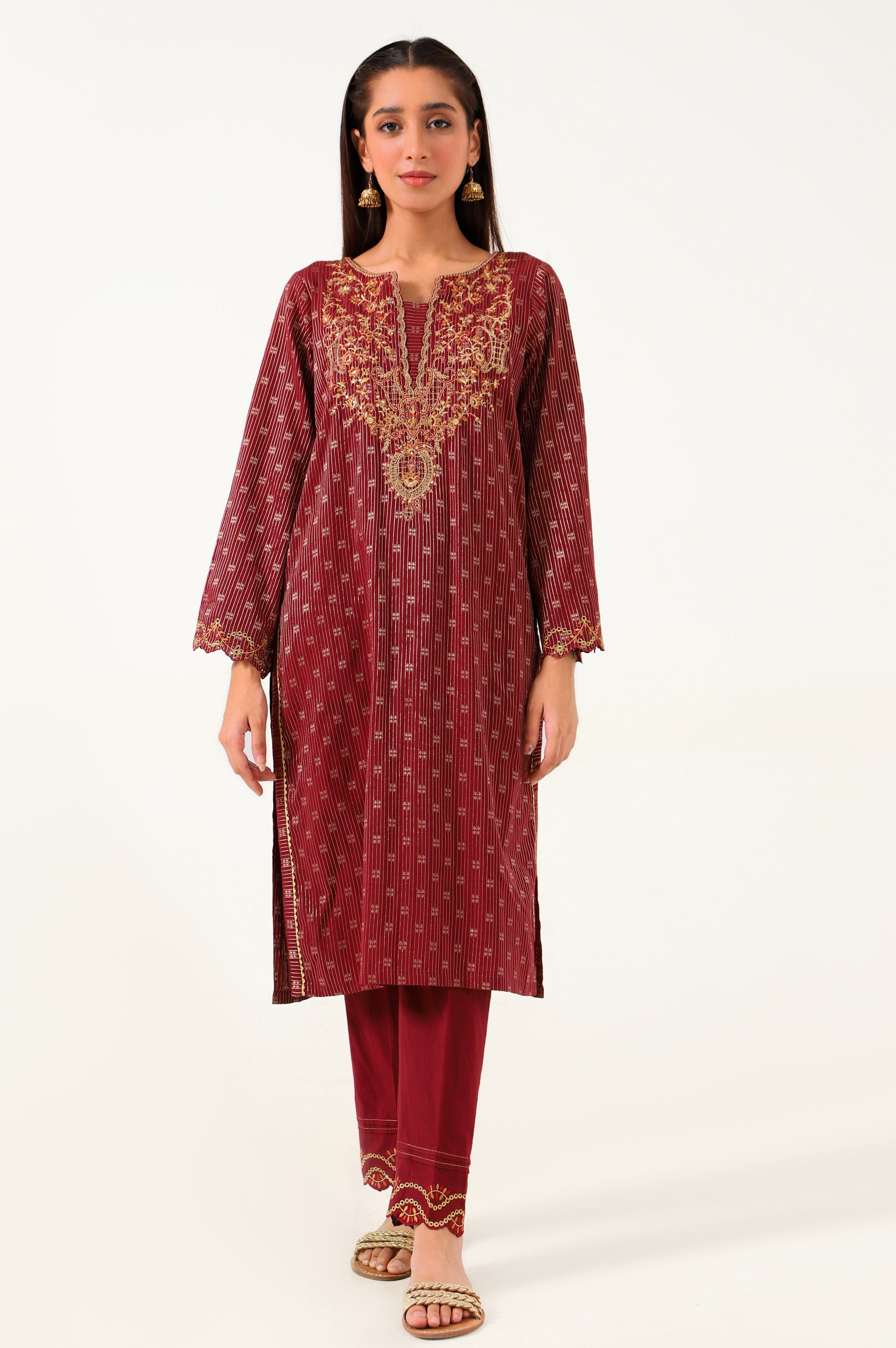 Stitched 2 Piece Cotton Jacquard Embroidered Suit – Zeenwoman