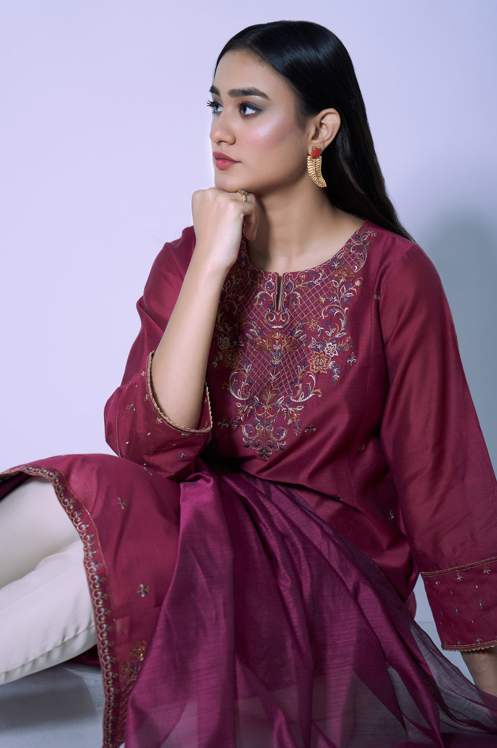 Stitched 2 Piece Cotton Net Embroidered Outfit