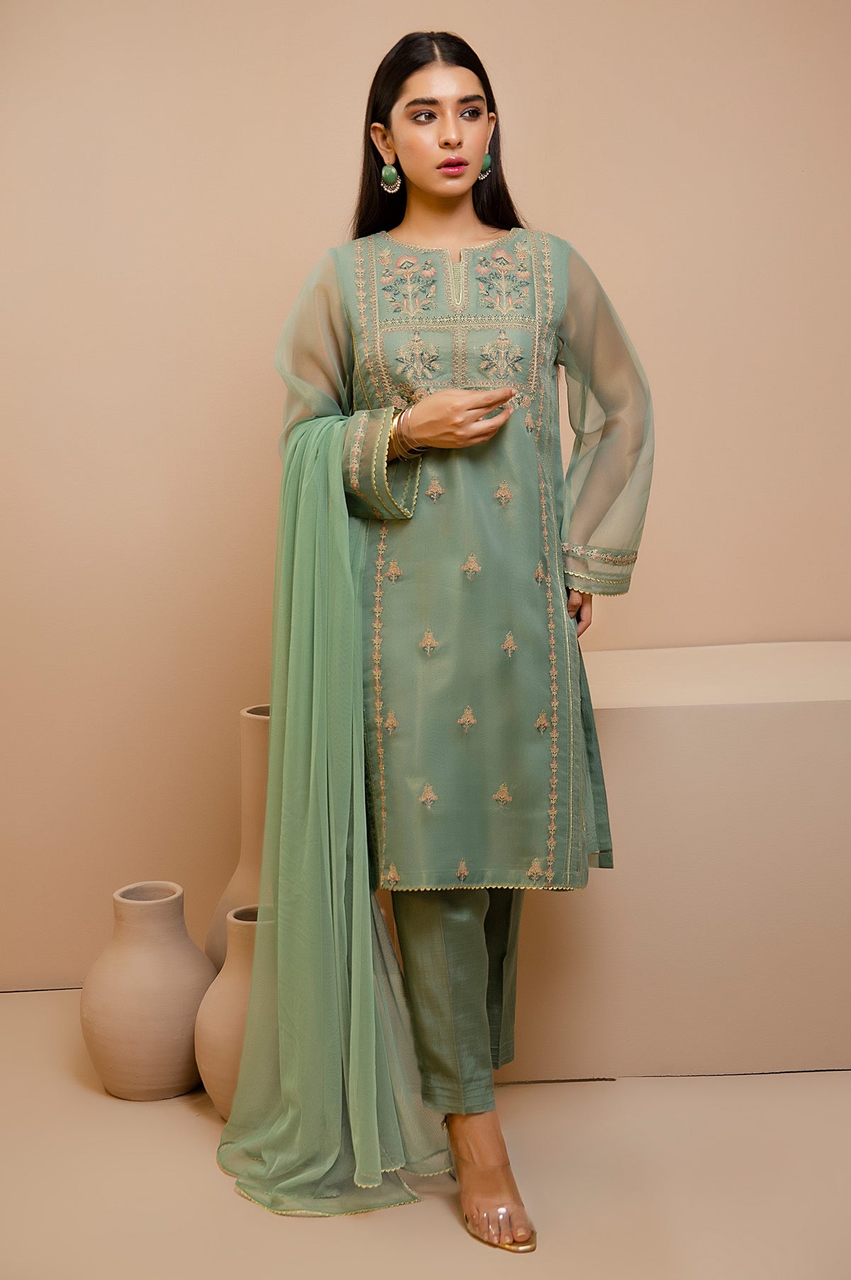 Stitched 3 Piece Check Organza Embroidered Suit