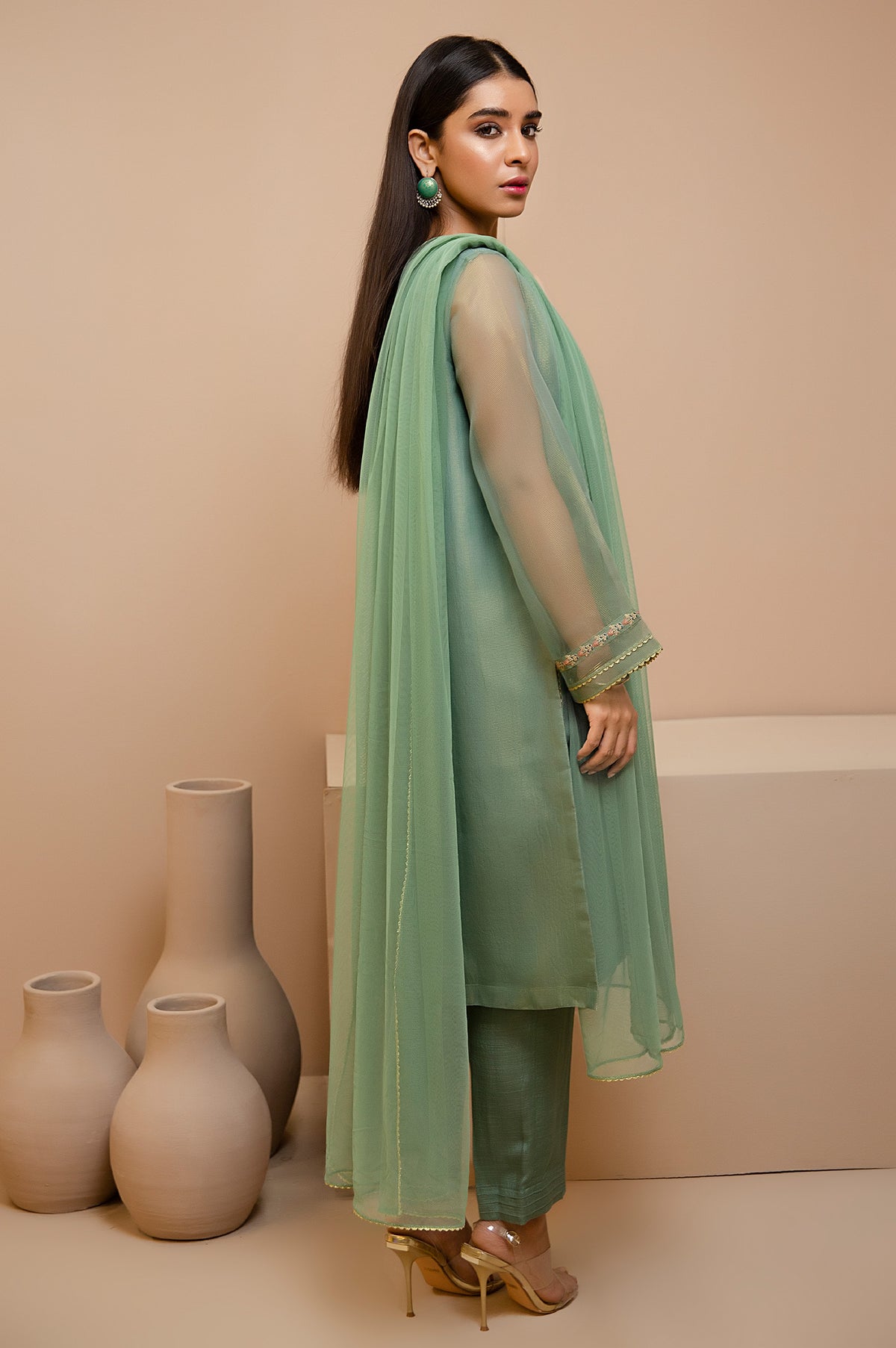 Stitched 3 Piece Check Organza Embroidered Suit