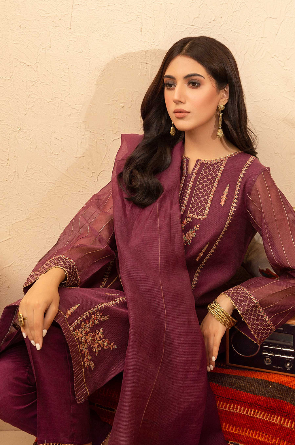 Stitched 3 Piece Checkered Organza Embroidered Suit