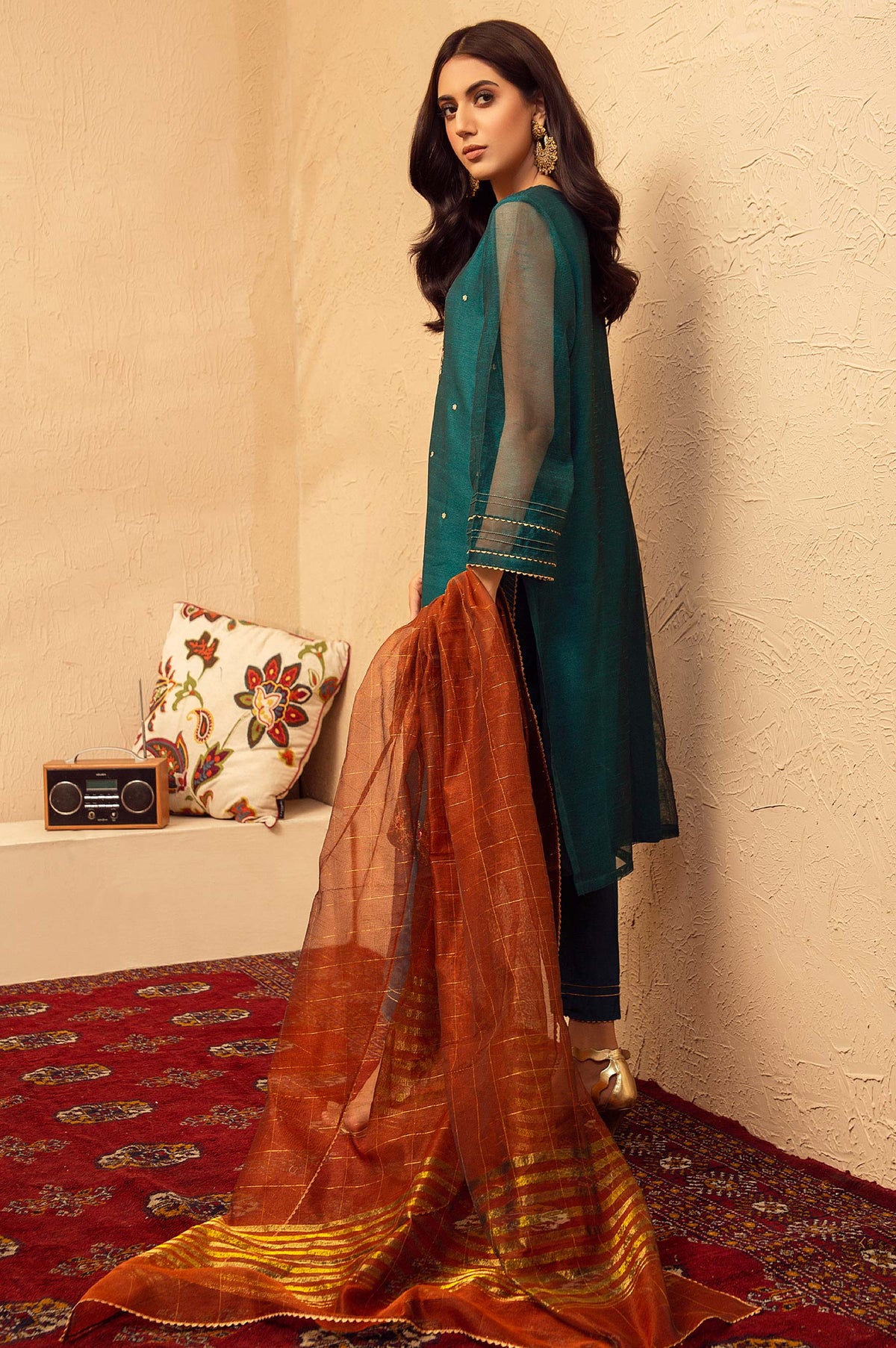 Stitched 3 Piece Khaddi Net Embroidered Suit