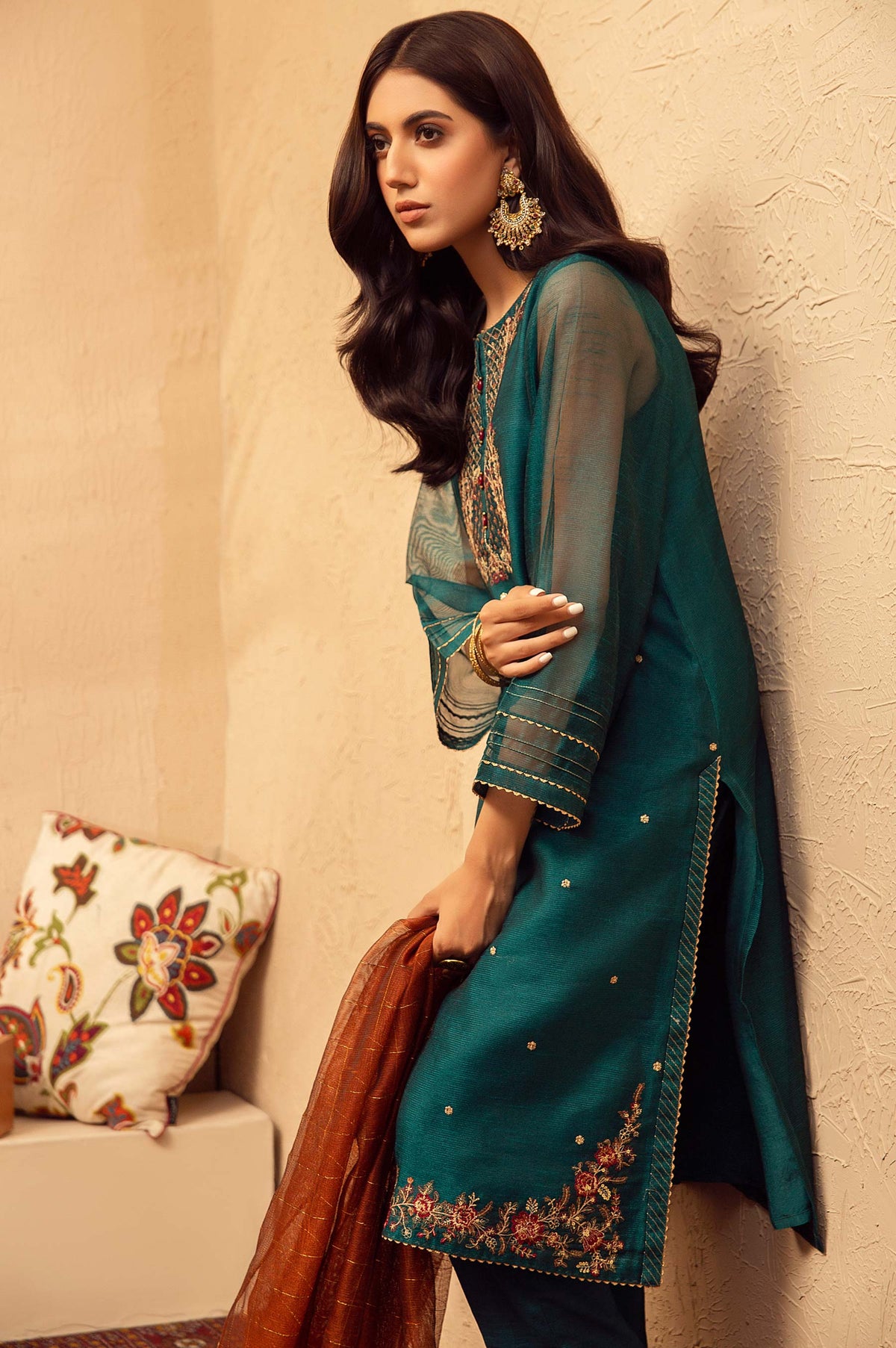 Stitched 3 Piece Khaddi Net Embroidered Suit
