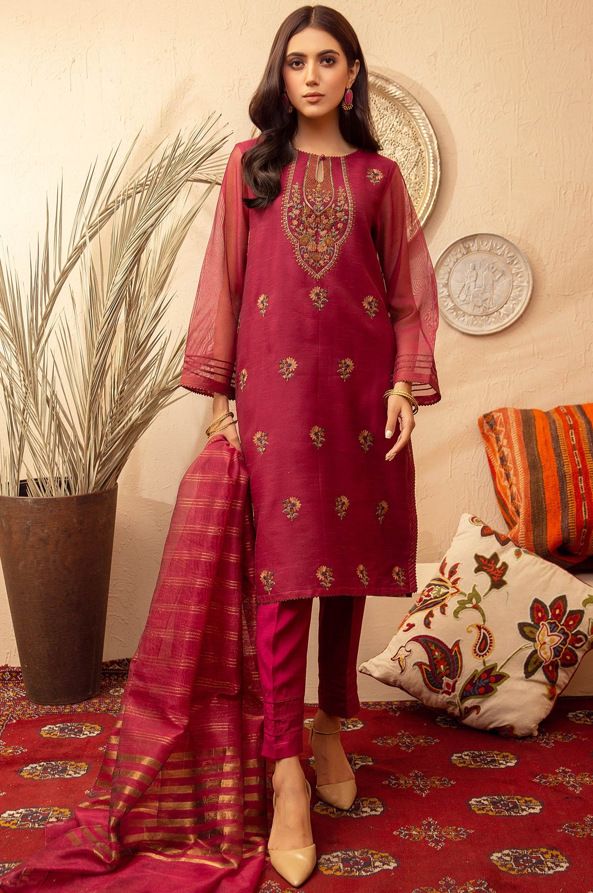 Stitched 3 Piece Khaddi Net Embroidered Suit