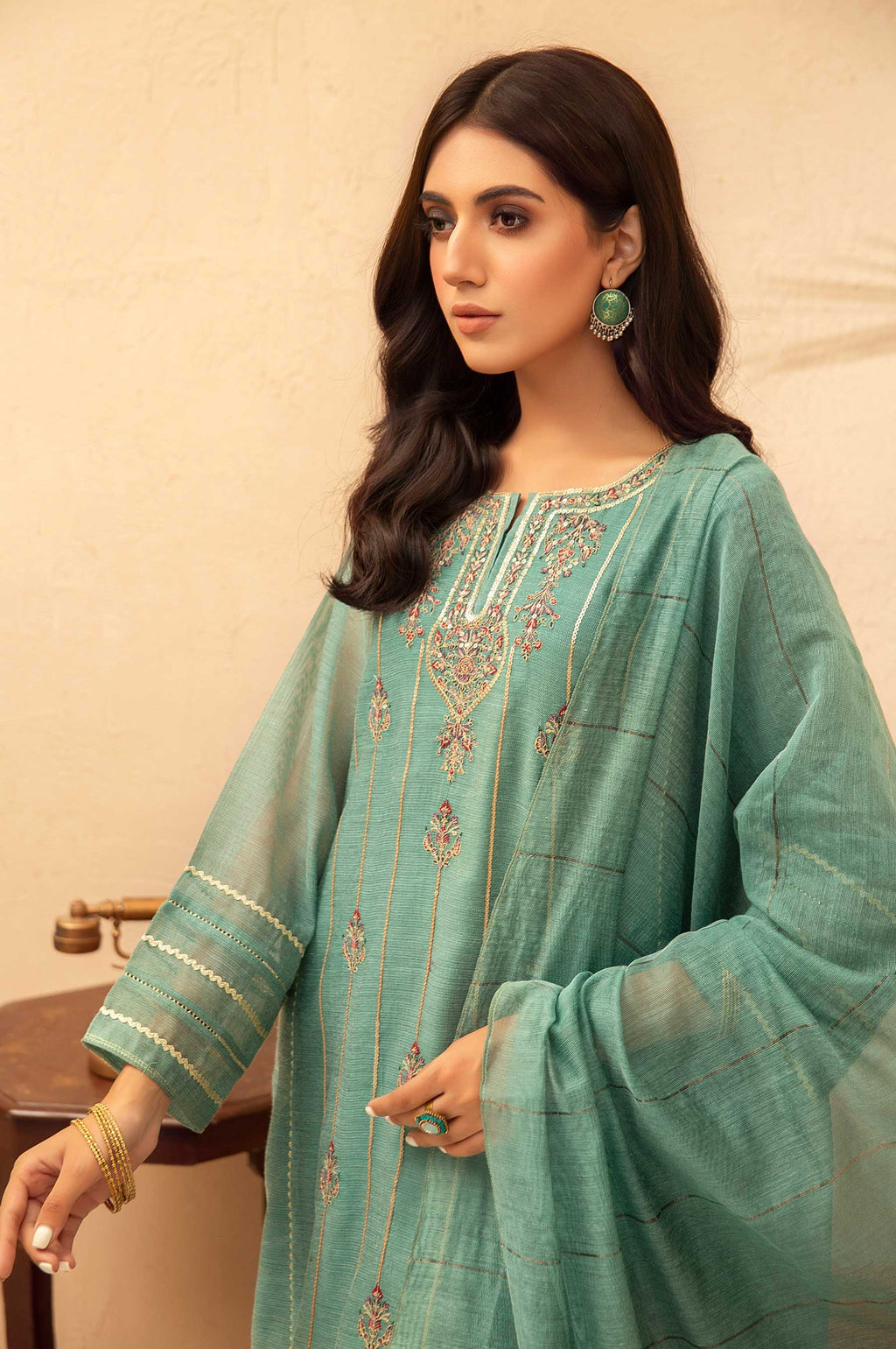 Stitched 3 Piece Khaddi Net Embroidered Suit