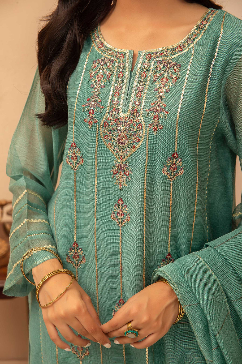 Stitched 3 Piece Khaddi Net Embroidered Suit
