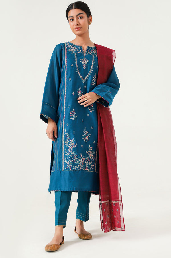 Stitched 3 Piece Cotton Net Embroidered Suit.