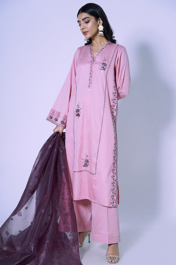 Stitched 3 Piece Cotton Silk Embroidered Outfit