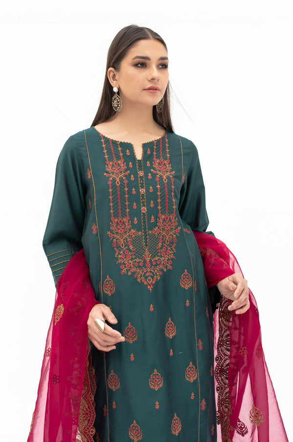 3 piece Unstitched Embroidered Cotton Silk Suit