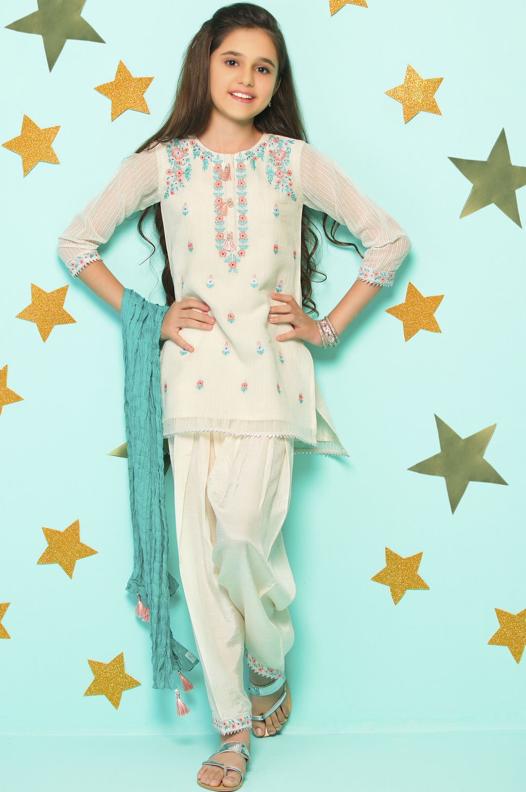 3 Piece Embroidered Suit- Striped Karandi