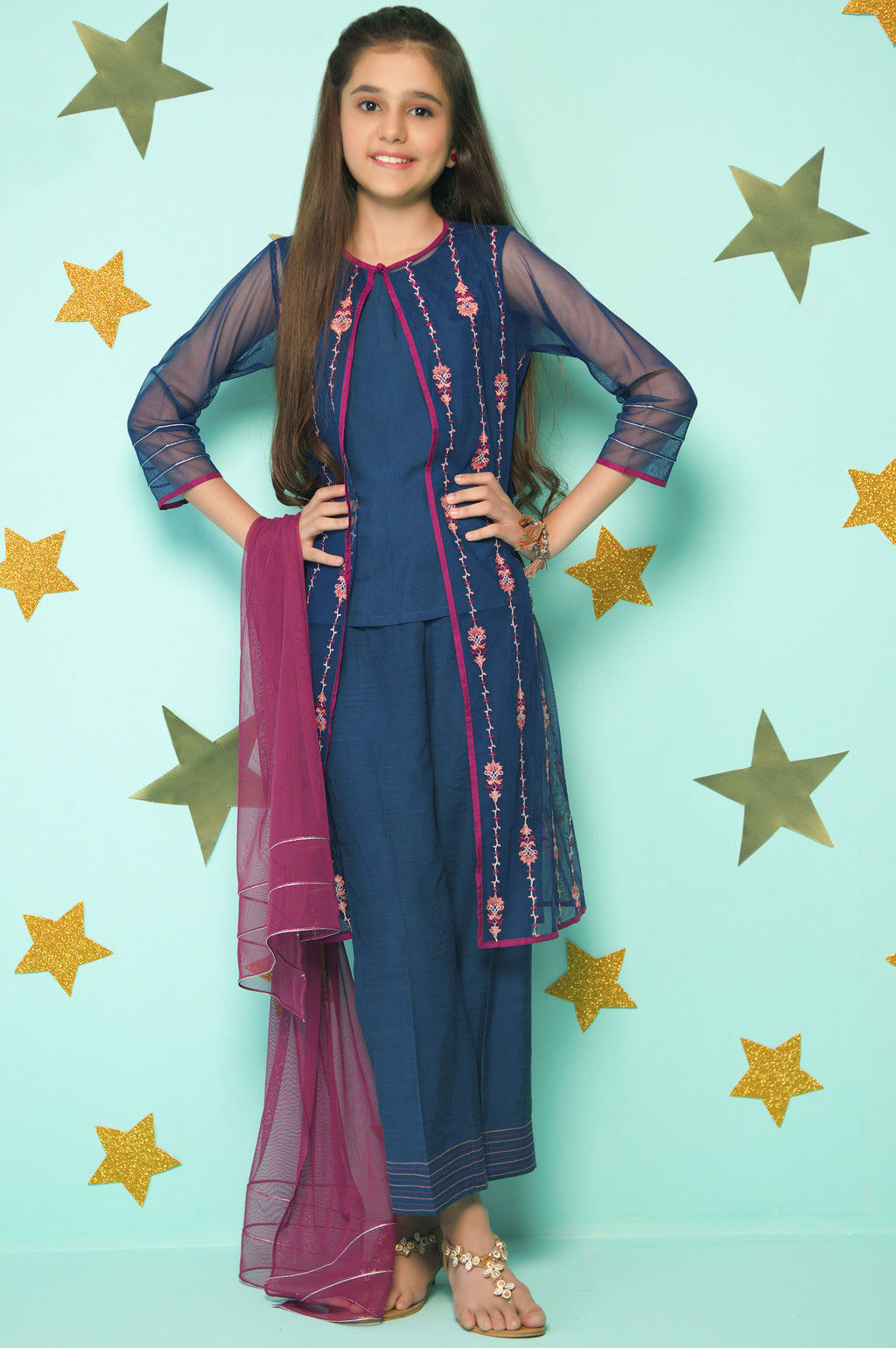 3 Piece Embroidered Suit- Net/Raw Silk