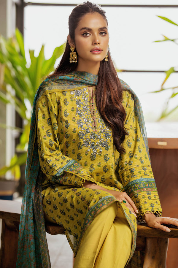 Stitched 3 Piece Embroidered Lawn with chiffon Dupatta