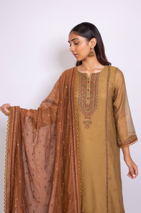 3 piece Unstitched Embroidered Khaddi Net Suit