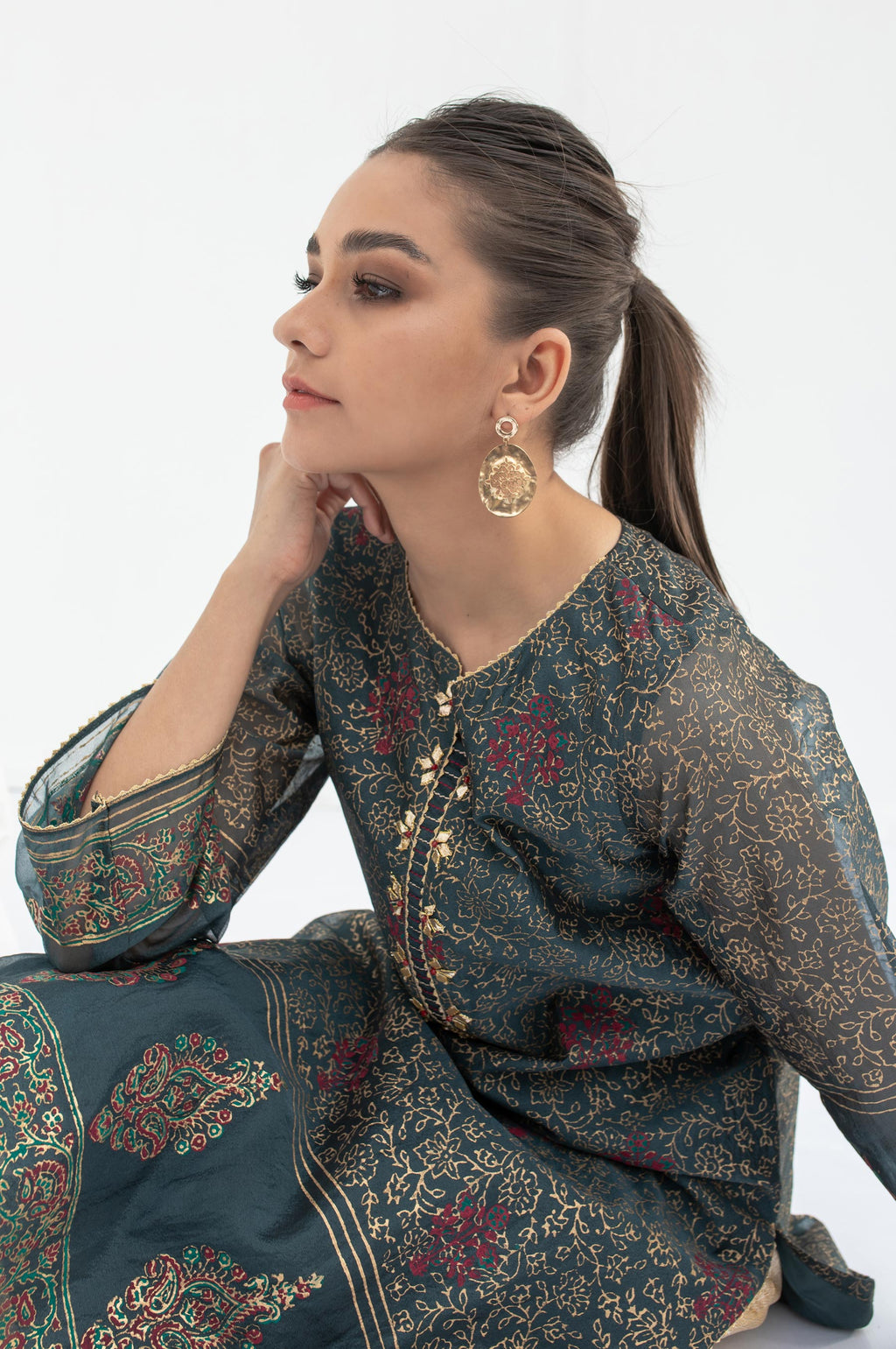 Stitched 1 Piece Embellished Block Print Organza Shirt