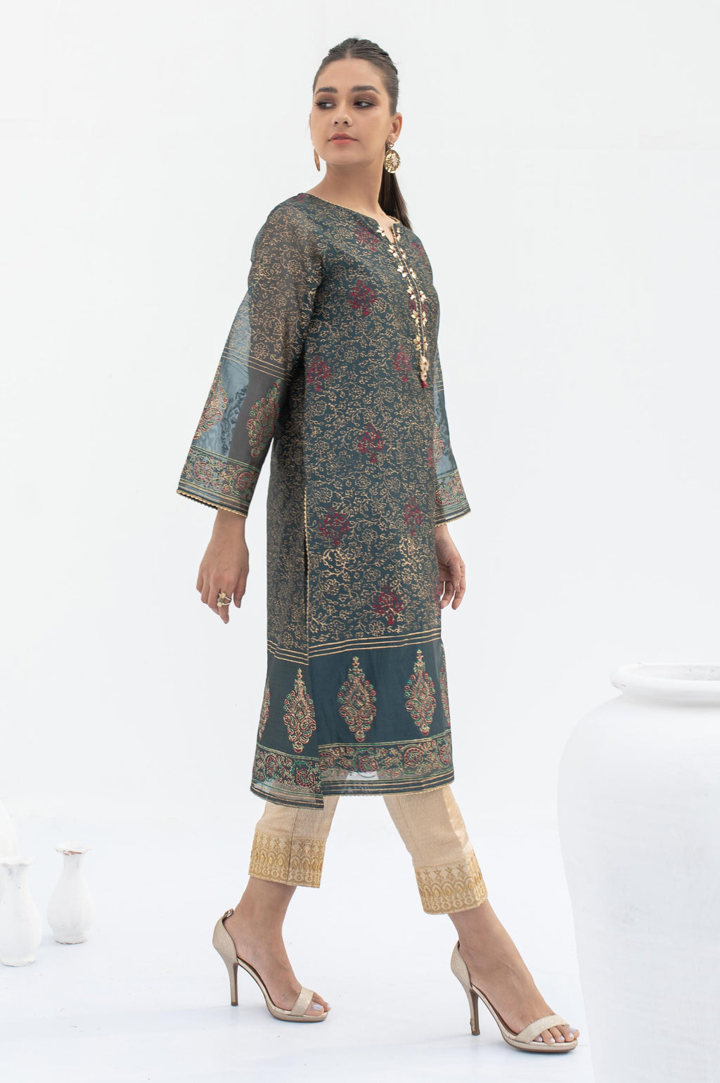 Stitched 1 Piece Embellished Block Print Organza Shirt