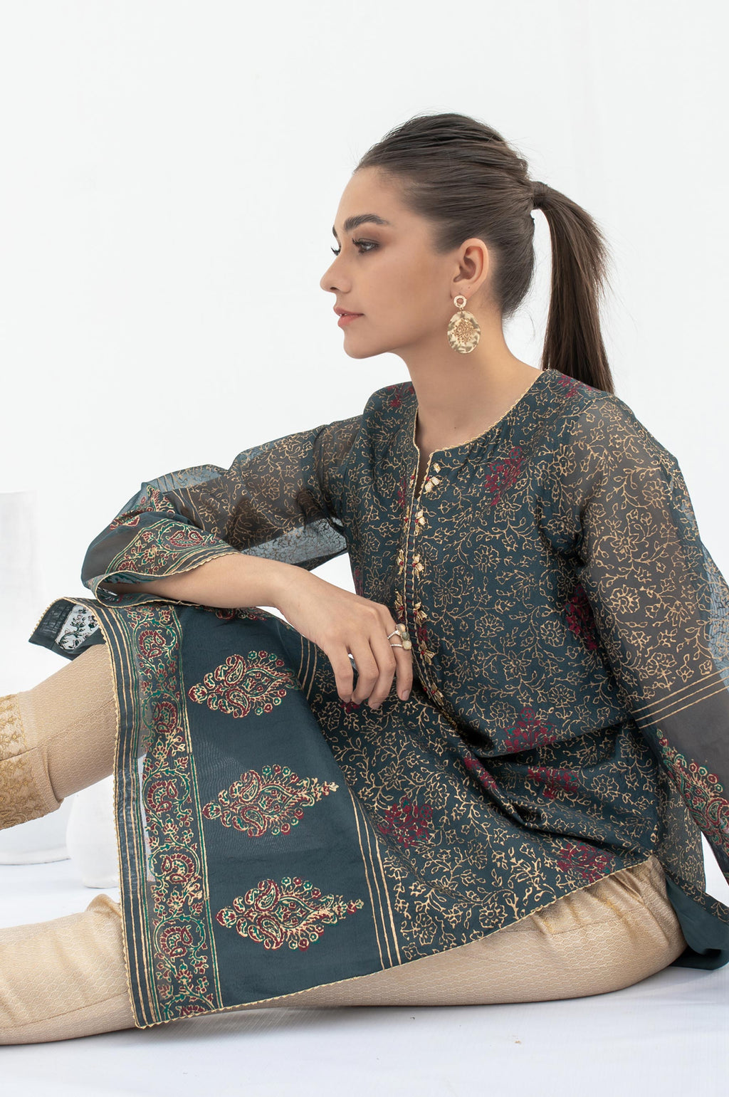 Stitched 1 Piece Embellished Block Print Organza Shirt